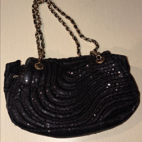 Henri Bendel Clutch Black Sequin with Gold Chain